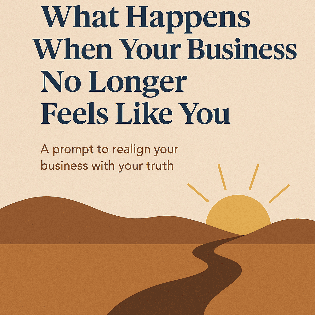 Minimalist graphic with the headline “What Happens When Your Business No Longer Feels Like You” in bold navy text. Below is a subheading that reads “A prompt to realign your business with your truth.” The background features a warm-toned illustration of a winding path leading toward a golden sunrise over rolling hills, symbolizing clarity, direction, and business alignment.