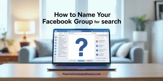 A laptop on a desk with a Facebook login screen and a large question mark displayed. Overlay text reads, “How to Name Your Facebook Group for Search.” The website passiveincomepathways.com is noted at the bottom.