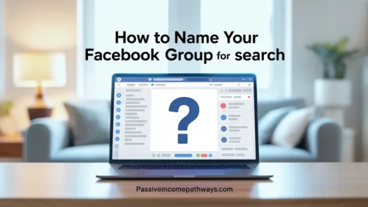 A laptop on a desk with a Facebook login screen and a large question mark displayed. Overlay text reads, “How to Name Your Facebook Group for Search.” The website passiveincomepathways.com is noted at the bottom.