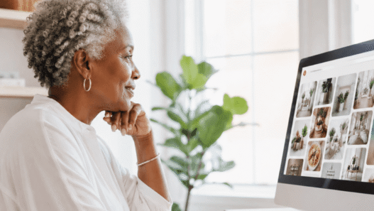 Mature Black woman working on Pinterest at her computer in a light, modern home office, researching ideas and content strategy in a calm, minimalist workspace. She is searching for pinterest hacks